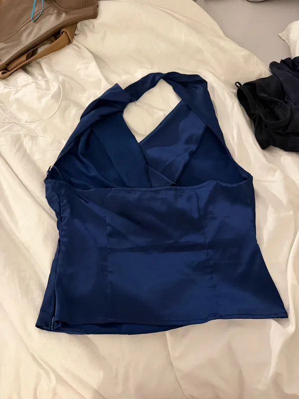 Silk Navy Cowl Neck Halter Top Blue - Image 3