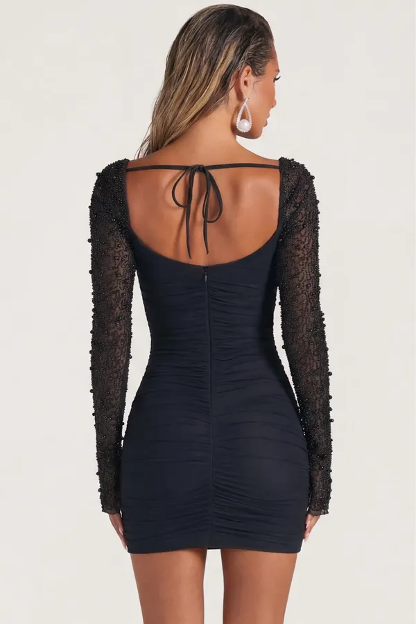 Oh Polly Black St. Germain Mini Dress Embellished Long Sleeve - Image 2