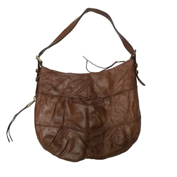 Hobo‎ International Brand Camel Leather Shoulder Bag with Blue Floral Liner - Image 3