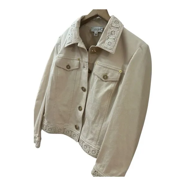 St. John Sport Ivory Stretch Cotton Jean/Denim Embroidered Jacket sz‎ S - Image 7