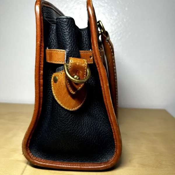 Vintage Dooney & Bourke Satchel All Weather Leather Pebble Brass Buckle Navy - Image 3