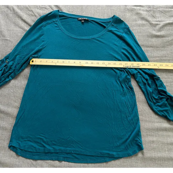 Cable & Gauge Teal Blue Ruched Button Tab Sleeve Scoop Neck Top Large - Image 8