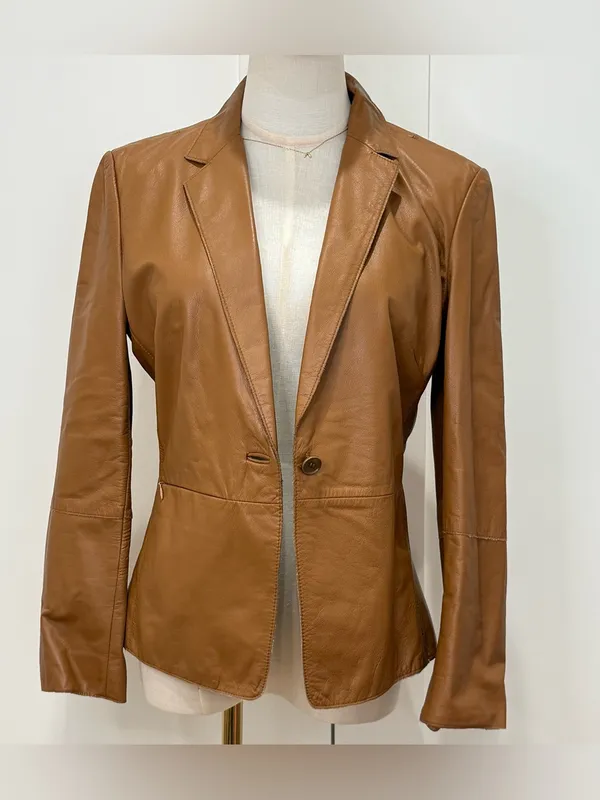 Vintage Kenneth Cole Leather Jacket Blazer Small Camel Brown Y2K Minimal Chic - Image 3