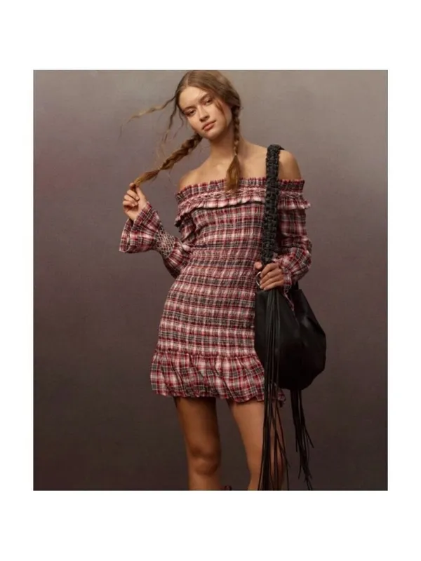 Anthropologie Pilcro Smocked Plaid Off-Shoulder Ruffle Mini Dress M Red White - Image 3