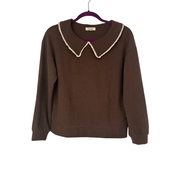 Madewell Ruffle-Collared Long-Sleeve Top Hot Cocoa Brown Size Small - Image 3