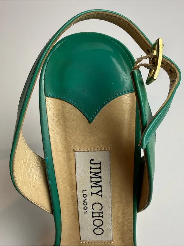 Jimmy Choo Green Patent Leather Strappy Slingback Stiletto Sandals Size 39.5‎ - Image 13