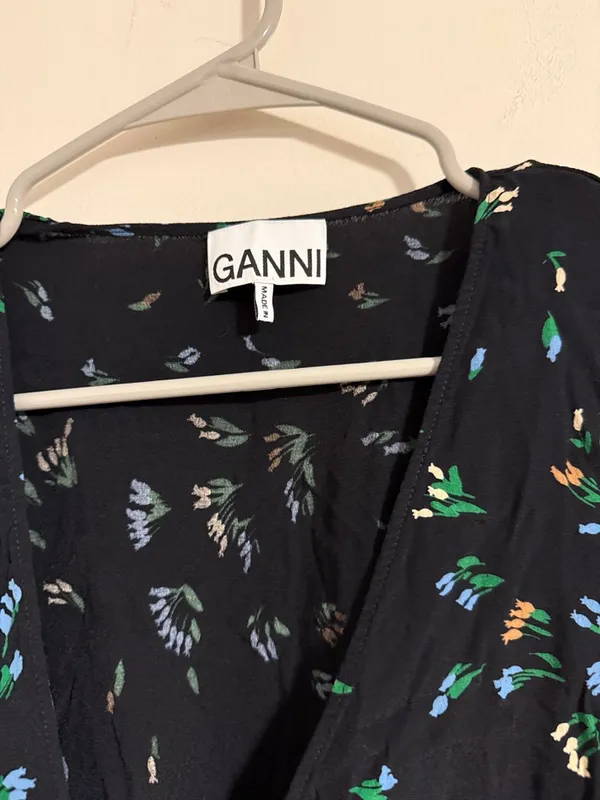 Ganni floral print crepe midi wrap dress size 34 - US 2 black - Image 3