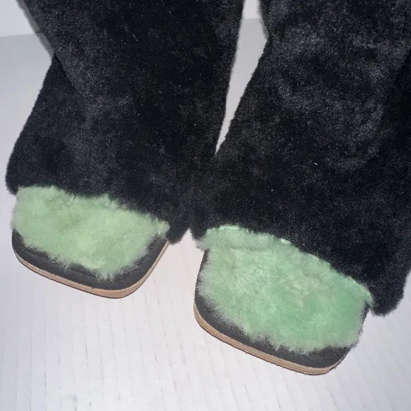 UGG x Eckhaus Latta Shoes 10 Black Green Lamb Fur Block Heel Mule Square Toe - Image 3