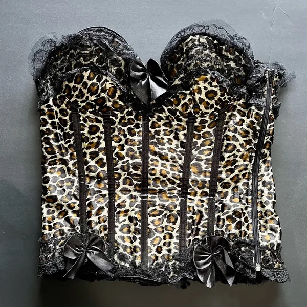 VAACODOR Women’s Leopard Print Corset Side Zip Back Tie Lace Bows Sz XXL Y2K EUC - Image 2