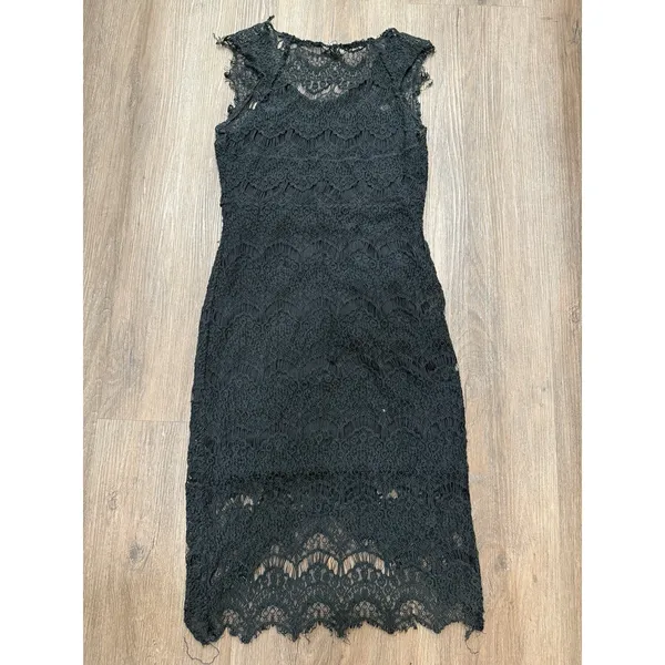 Free‎ People Black Lace Slip Peekaboo Scalloped Round Neck Sleeveless Dress S - Image 2