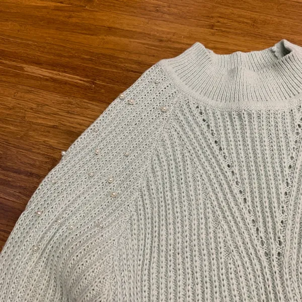 Originality Pearl Embellished Mock‎ Neck Sweater Light Blue Size Large Oversize - Image 2