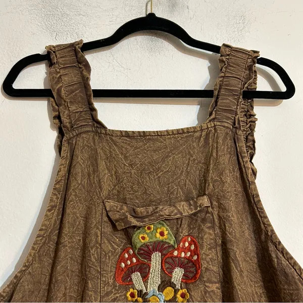 Earthbound Patchwork Eyelet Mushroom Embroidered Overalls Granola Boho Cottage - Image 6