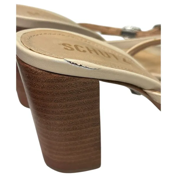 Schutz Sandals Womens 7.5 Nude Beige Leather Strappy Block Heel Buckle Classic - Image 5