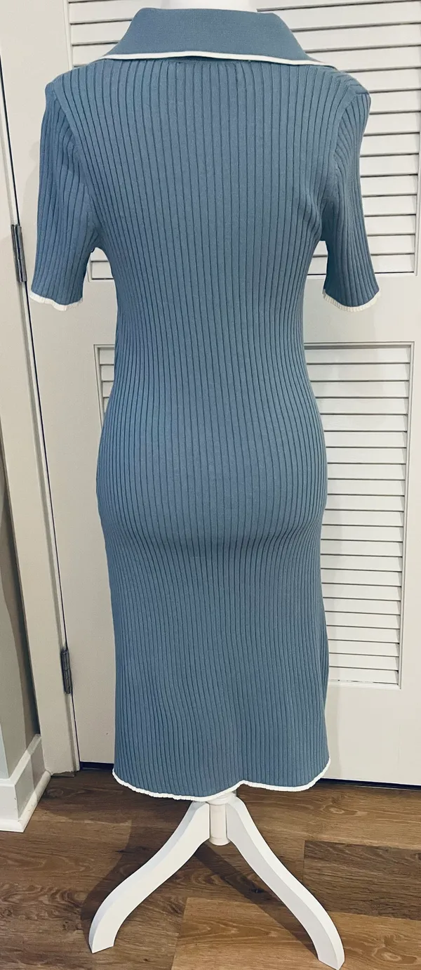 Merokeety Women's V Neck Ribbed Knit Midi Dress Short Sleeve Button Elegant Bodycon Sweater Dress - Image 5