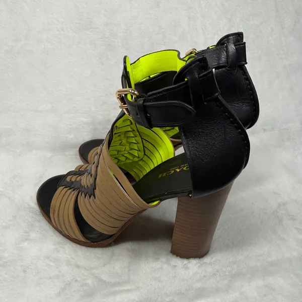 Coach Black Tan Neon‎ Woven Leather Block Heel Sandals Buckle Ankle Strap 7 - Image 10