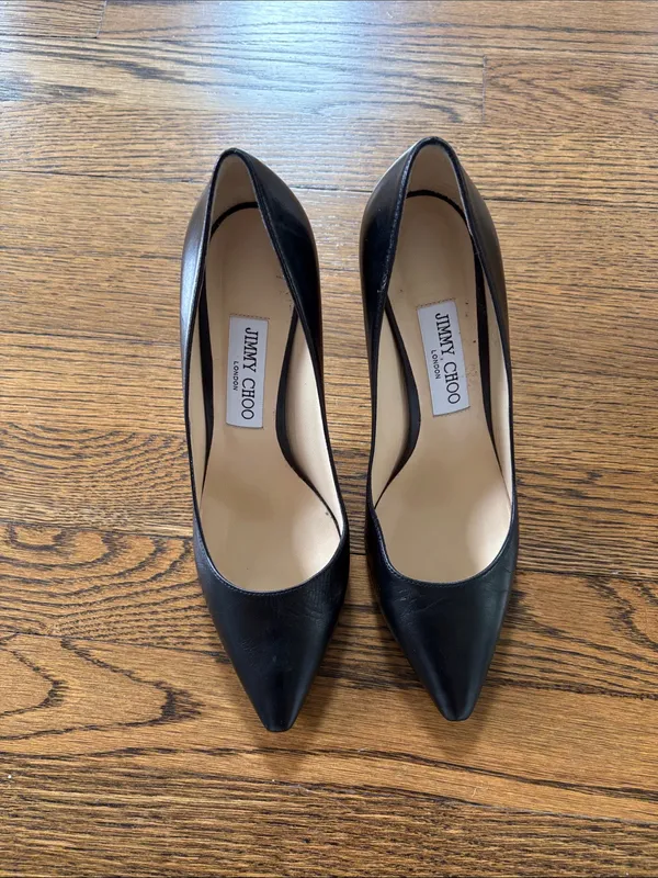 Jimmy Choo Black Leather Pointed-Toe Stiletto Pumps, 3.5” heel, 38.5 - Image 2