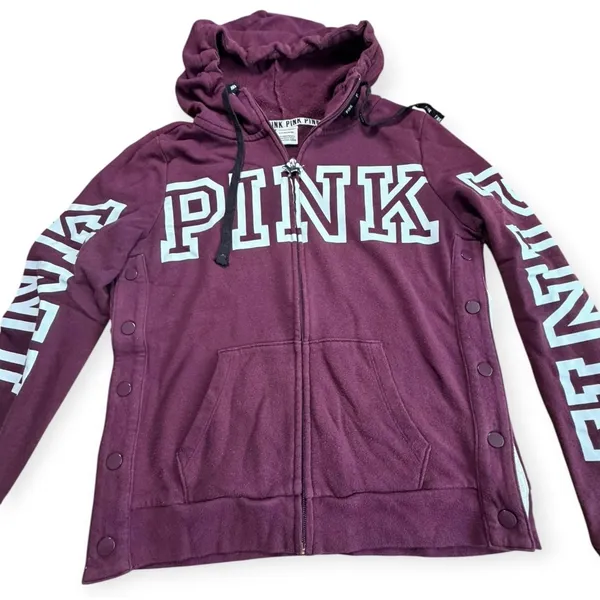 Victoria's Secret PINK Full Zip Hoodie Maroon Burgundy Snap Side Logo Small - Image 4