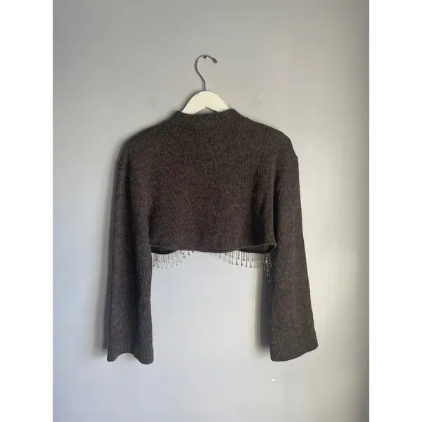 Zara Brown Cropped Knit Sweater Rhinestone Fringe Mock Neck Long Sleeve Medium - Image 2