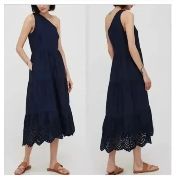GAP Dress Sz 18 One Shoulder Navy‎ Blue Eyelet Hem Tiered Midi Summer Pockets - Image 3
