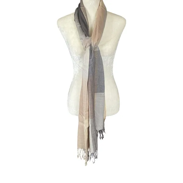 Neutral colored women's rectangle scarf wrap shawl with fringed edges - Image 2