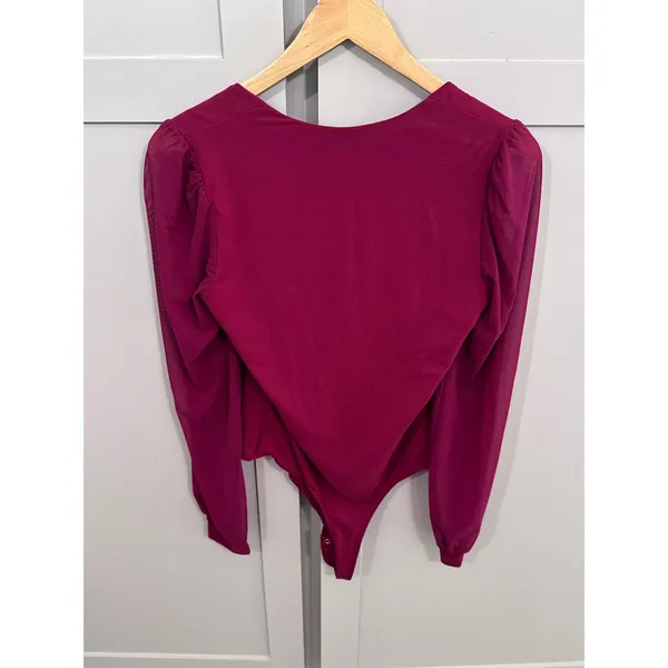 PinkmStyle Wine Red Mesh Long Sleeve Square Neck Bodysuit Size L - Image 2