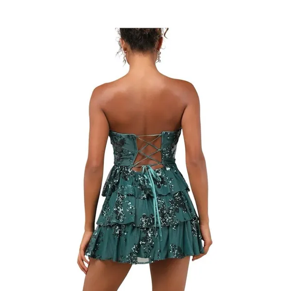 Lulus Definite Glamour Emerald Mesh Sequin Bustier Tiered Mini Dress NWT - Image 2