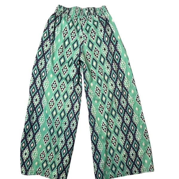BOHO Wide Leg Palazzo‎ Pants Size S Green Geometric Smocked Waist Festival Flowy - Image 3