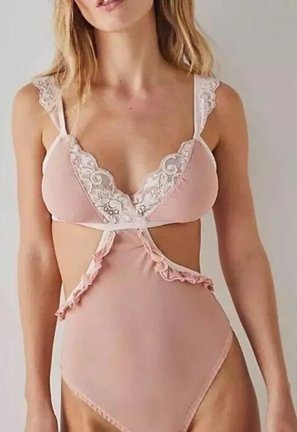 We Are HAH Free People Key To Ur Heart Bodysuit Copper Rose Pink Lace XS Sheer - Image 2