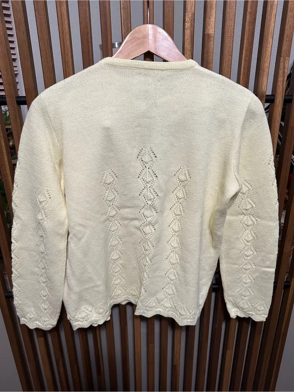Vintage Handmade Butter Yellow Diamond Pointelle Cardigan Sweater Scalloped Hem - Image 7