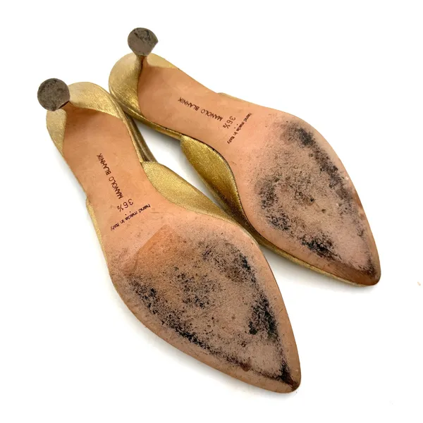 Manolo Blahnik Gold Carolyne Kitten Heel Slingback Pumps Heels Size 36.5 / 6.5 - Image 8