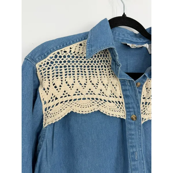 Vintage 90's denim shirt M crochet lace jean button up shirt top Western cowgirl - Image 3