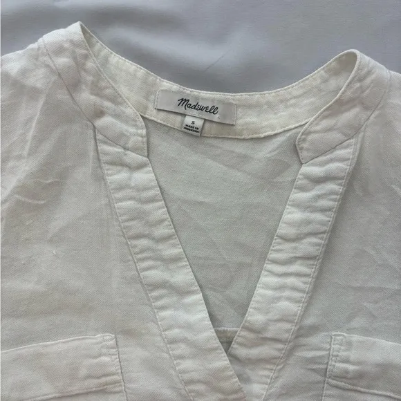 Madwell Womens White Cotton Gauze V-Neck‎ Button Tunic Top Small - Image 3