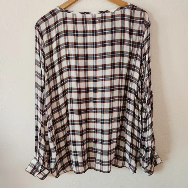 LOFT Autumn Plaid Blouse Softened Roll Tab Sleeve Crew Neck Cream Brown Rayon L - Image 2