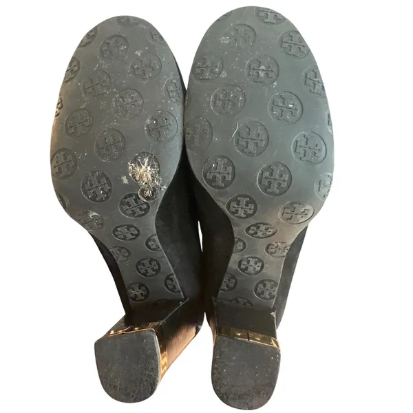 Tory Burch Maddie Suede Pumps Black Gold Logo Block Heel Size 9 - Image 8