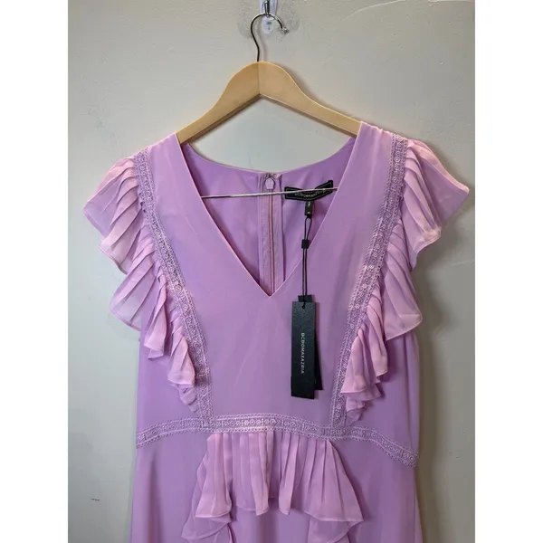 BCBGMAXAZRIA Ruffle Mini Dress Women 10 Orchid Purple Pleated Lace Cocktail - Image 5