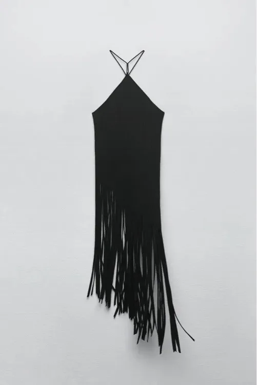 Zara dress ribbed stretchy Black Fringe bohemian summer vacation maxi - Image 6