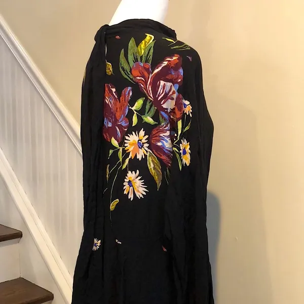 FREE PEOPLE Boho Chic Long Sleeve Black Floral MIni Dress Sz Medium NWT - Image 6