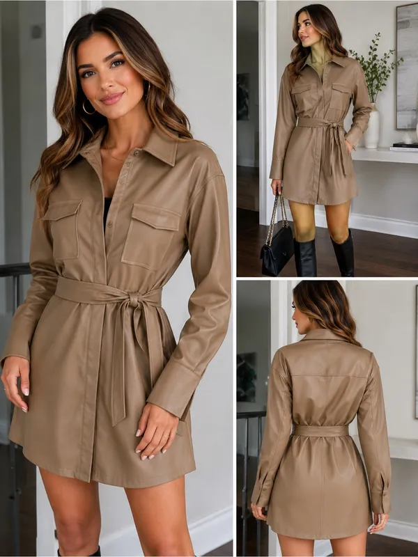 LE LIS Faux Leather Shirt Dress Taupe Tie Waist Mini Dress NWT Small - Image 2