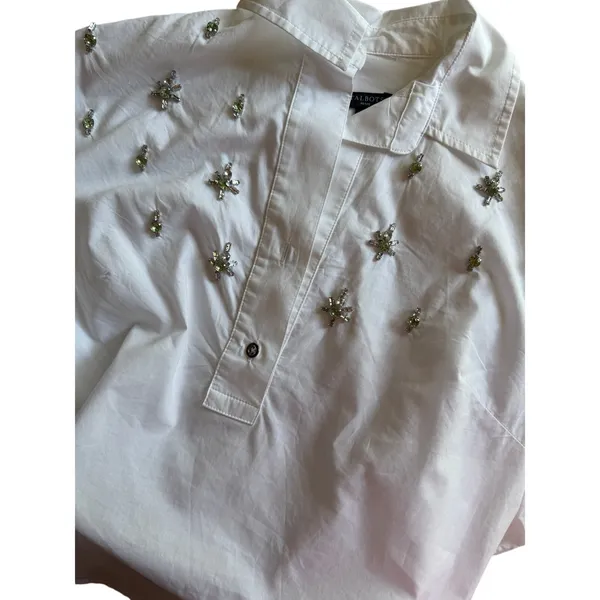 Talbots Petite White Cotton Popover Shirt Rhinestone Embellished Western Country - Image 8