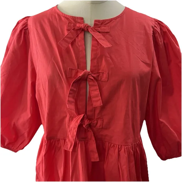 Band Of The Free Scarlet Red Bow Mini Dress Tie Front Boho Coquette Medium - Image 6