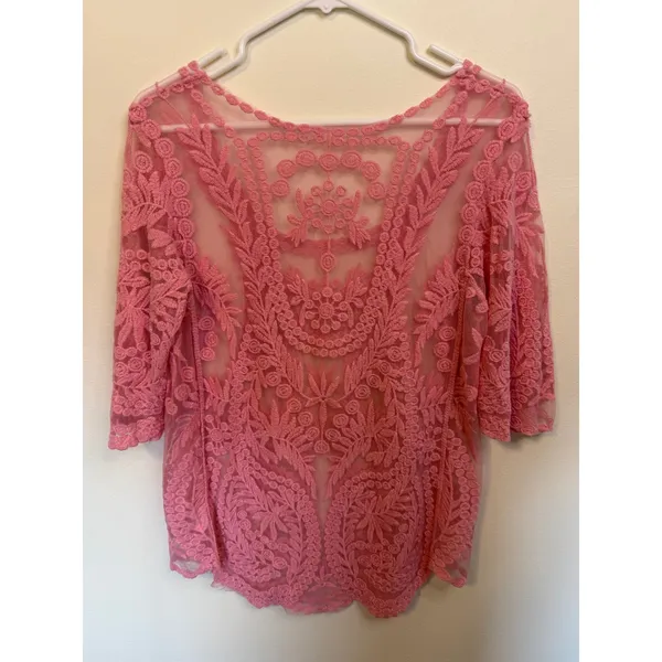 Unbranded Lace Mesh Top Womens M Pink Excellent Floral Sheer Boho Scoop Neck - Image 4