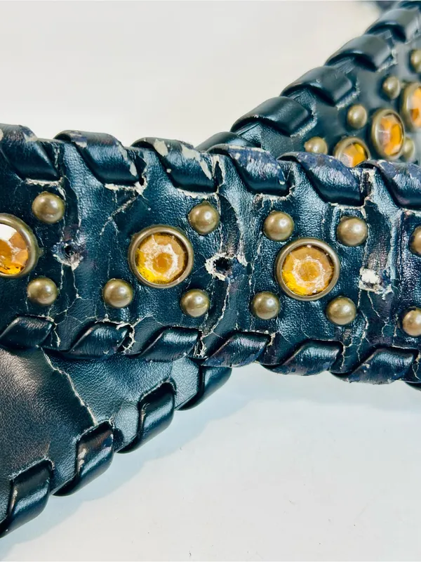 Western Rhinestone Whipstitch Belt with Orange Stones and Black Faux Leather - Image 10