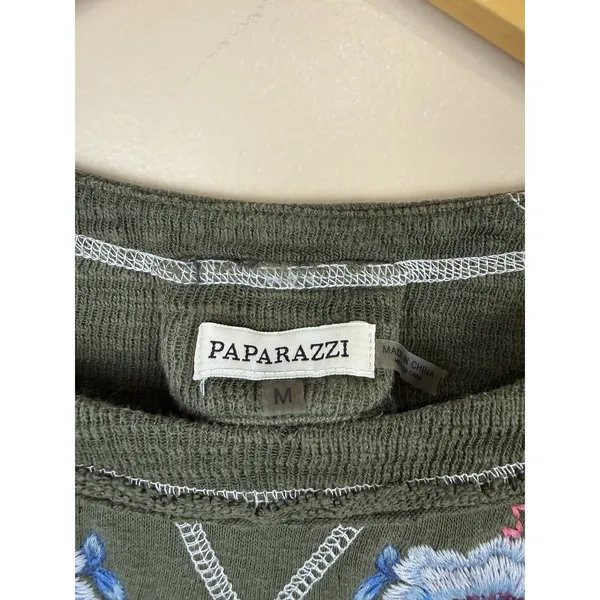 Paparazzi Women's Size M Green Floral Embroidered Top Long Sleeve Stretch Boho - Image 6