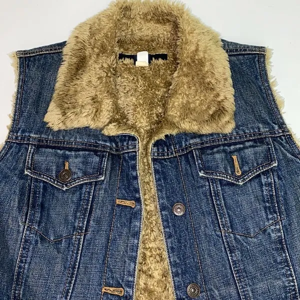 Y2k 00s Gap denim vest with faux fur‎ tan collar and lining Size M C25 - Image 5