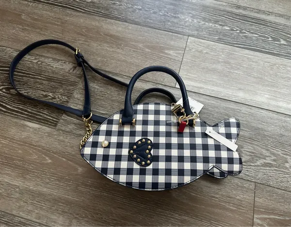 NWT Betsey Johnson Adorable Plaid Fish Handbag Crossbody Navy Blue & White - Image 2