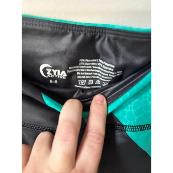 Zyia Active Black Faux Leather Teal Colorblock Leggings 6-8 - Image 2