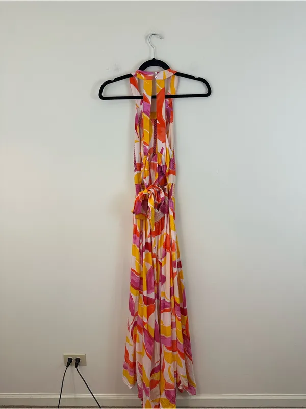 Abel the Label Orange and Pink Halter Open Back Maxi Dress Slitted Size Large - Image 7