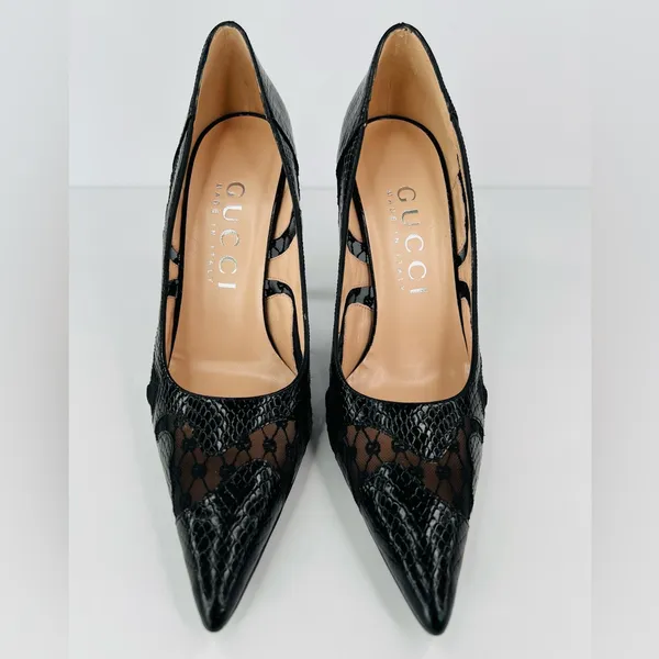 Gucci Python Embossed Leather & Mesh GG Rhombus Heel Pumps Size EU 39.5 - Image 8