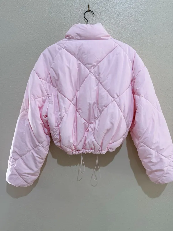 Love Tree Womens Size L Pink Cropped Puffer Jacket Full Zip Drawstring Hem NWOT - Image 4