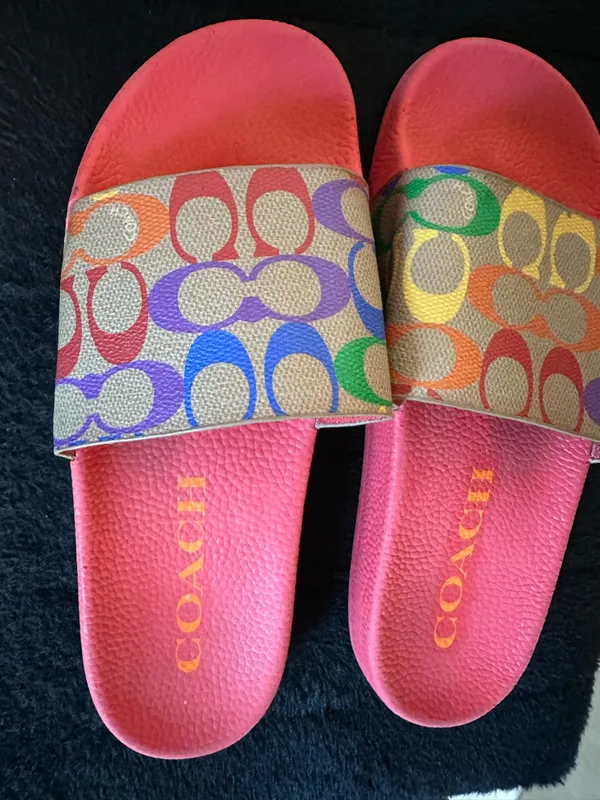 Coach Udele Slide Sandals Rainbow Canvas Multi Pop Red - Image 4